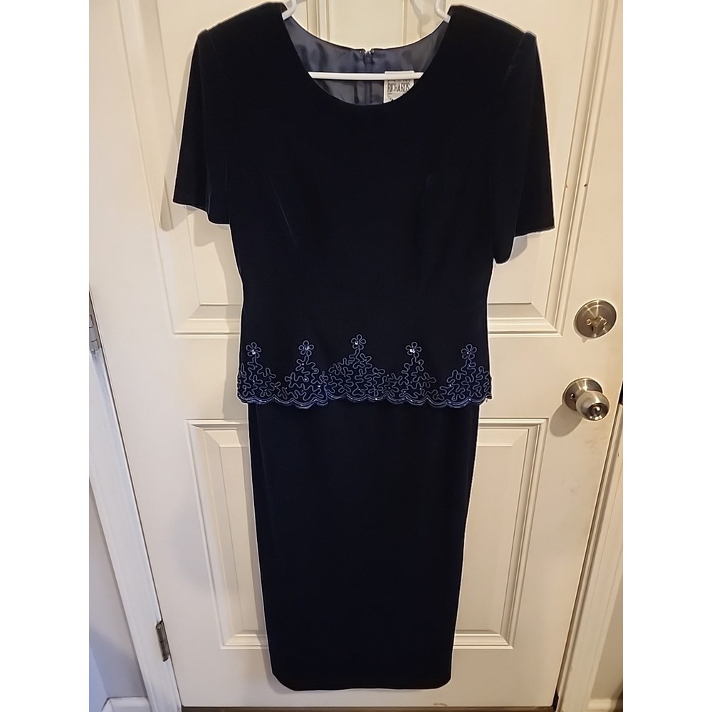 R&M Richards Dress Size 18 Womens Galactic Blue Velvet Midi Beaded Evening Party